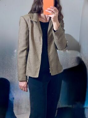vintage 80s Joan Leslie houndstooth tweed blazer tan/black S